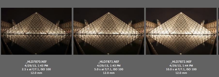 The three RAW exposures shown in Adobe Bridge CC